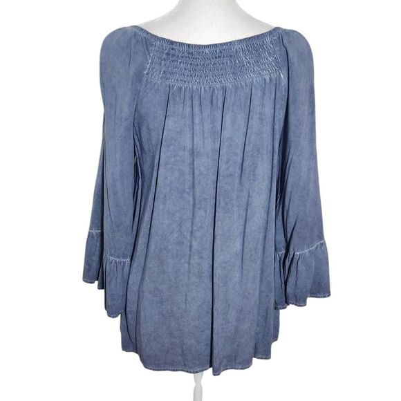 Spense Blue Dyed Peasant Blouse with Smocked Detail and 3/4 Sleeves Size Small - Picture 2 of 9